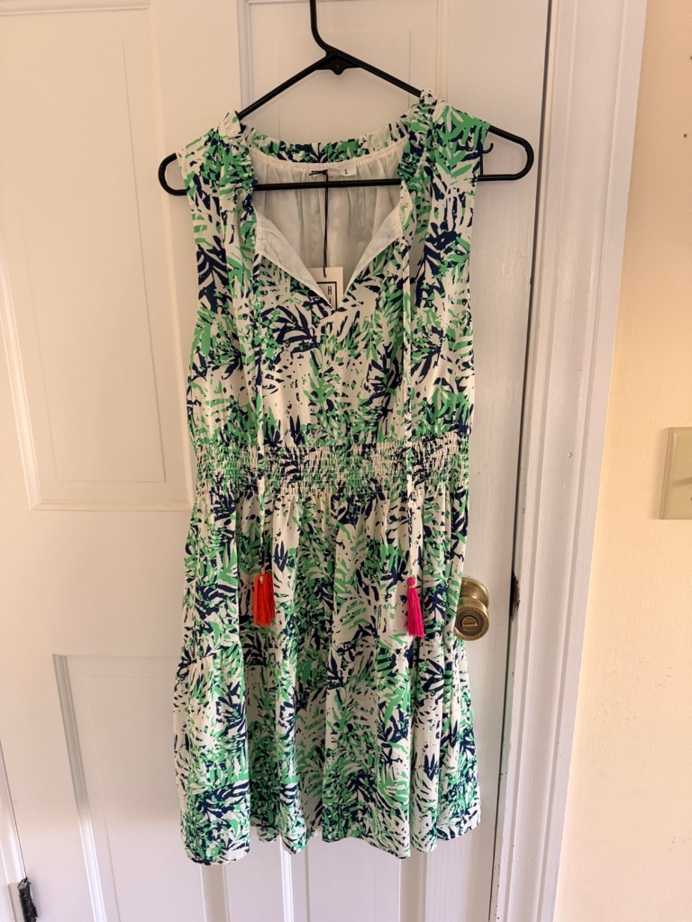 THML White Green Navy Leaf-Print Midi Dress with Pink & Orange Tassels